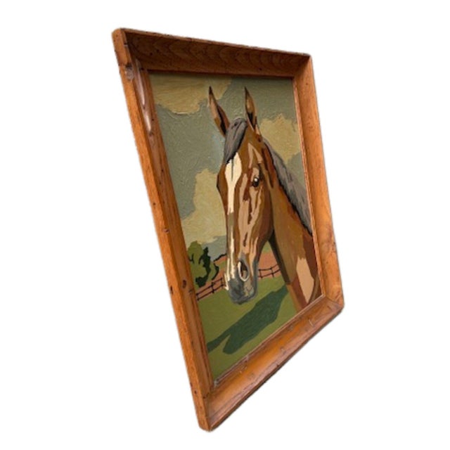 A stylized portrait of a horse set against a pastoral landscape, rendered in bold, graphic planes of color. The...