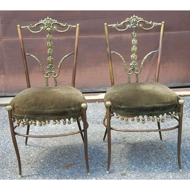 Set Four Italian Neoclassical Engraved Brass and Upholstered Side Chairs C.1950s For Sale - Image 4 of 12