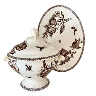 Antique Late 19th Century Terre de Fer Soup Tureen and Serving Plate with Fruit and Insect Decoration from Choisy Le Roi, Set of 2 For Sale