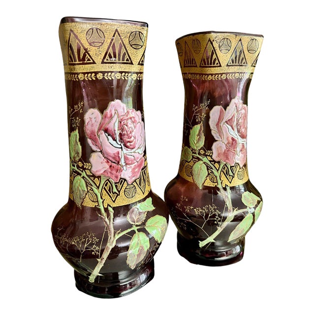 Pair of Antique Mont Joye Legras Amethyst Art Glass Vases For Sale