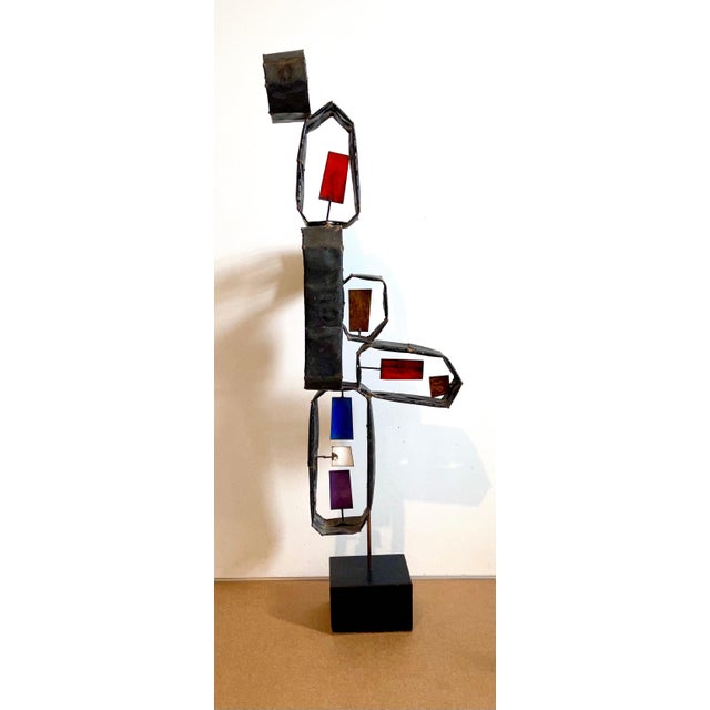 Welded, brazed, copper (based on the weight, this might be iron or bronze) with colorful inset enamel plaques on a painted...