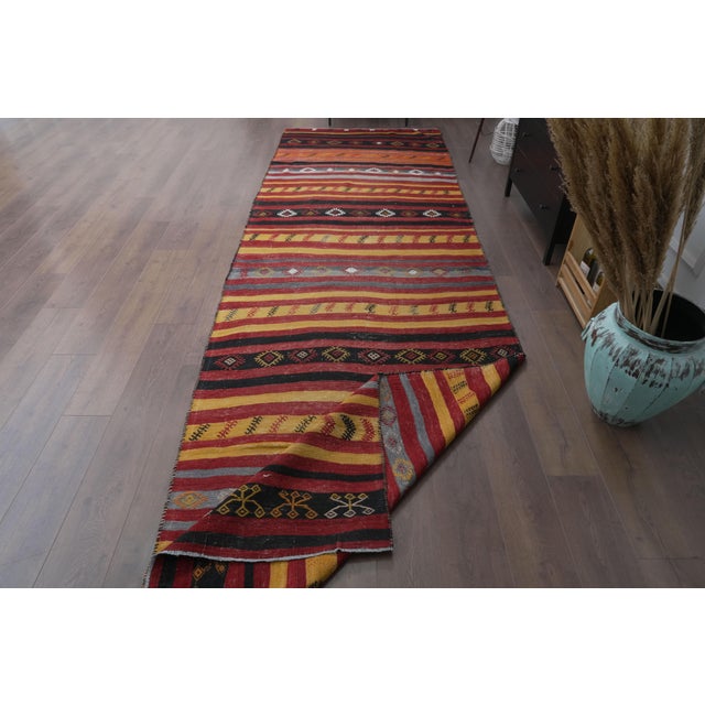 Yellow 1960 Vintage Anatolian Flatweave Kilim Runner - Handwoven Striped Rug With Geometric Tribal Motifs - Red Yellow Black Accent Rug For Sale - Image 8 of 9