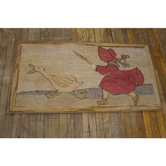 Antique American Hooked Rug, Size: 2'2" x4'2" American Hooked Antique Small Scatter Size 1930s Wool Ivory Rug, Circa Date:...