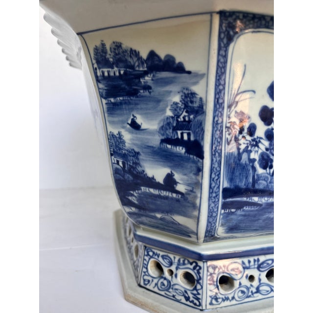 Vintage Chinoiserie Octagonal Blue & White Cachepot/Planter For Sale - Image 15 of 16