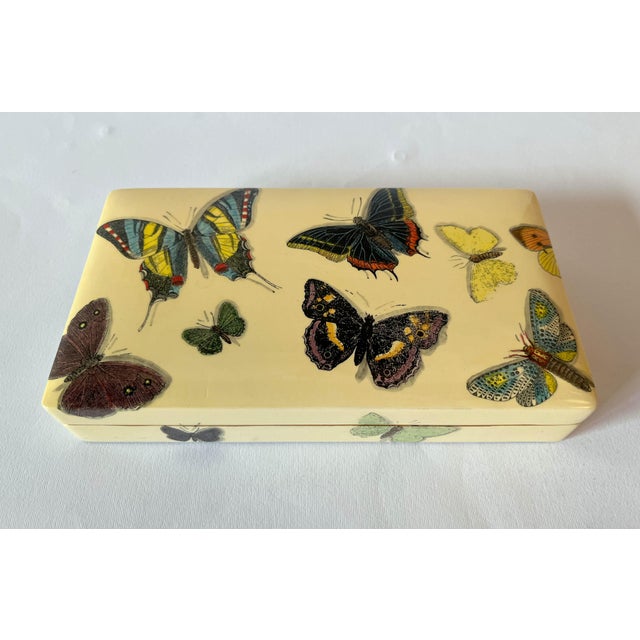 Vintage decorative rectangular lacquered walnut wood box with butterfly motif / designed by Piero Fornasetti, made in...