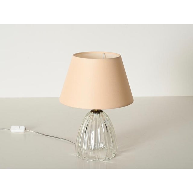 Glass Murano Ribbed Glass and Brass Table Lamp with Pink Lampshade by Barovier, Italy, 1950s For Sale - Image 7 of 13