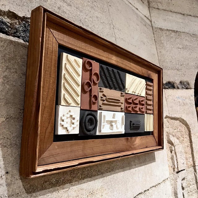 1980s Modern Pottery Tile Wall Art, Framed Wood, Geometric Design For Sale - Image 9 of 11