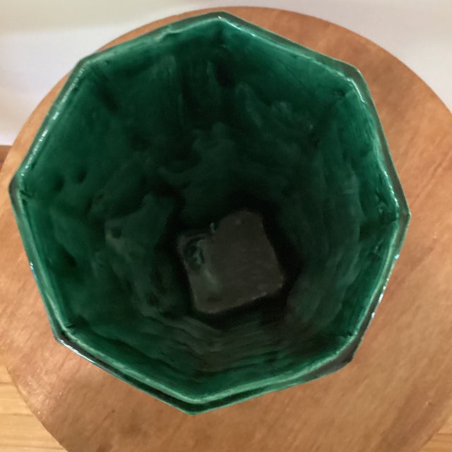 1960s Rare Vintage Emerald Green Ceramic Vase W/Etched Design and Geometric Runes Symbols Signed Circa 1961 For Sale - Image 5 of 12