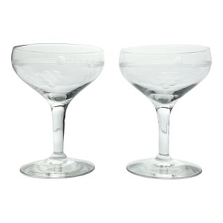 1950s Vintage Pair of Etched Grape Cluster Coupe Champagne Glasses For Sale
