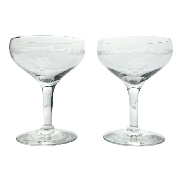 1950s Vintage Pair of Etched Grape Cluster Coupe Champagne Glasses For Sale