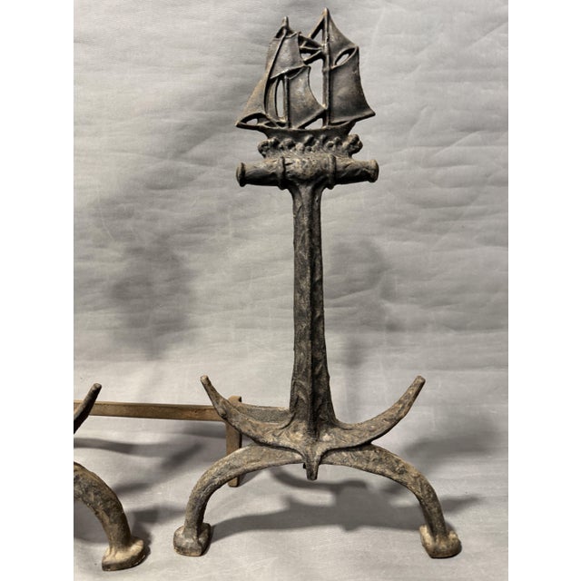 Fireplace Andirons with Naval Ship and Anchor from Bradley & Hubbard, 1920s, Set of 2 For Sale - Image 3 of 10