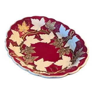 Antique Hand-Painted Bavarian Porcelain Cranberry & Gilt Botanical Serving Dish c.1900 For Sale