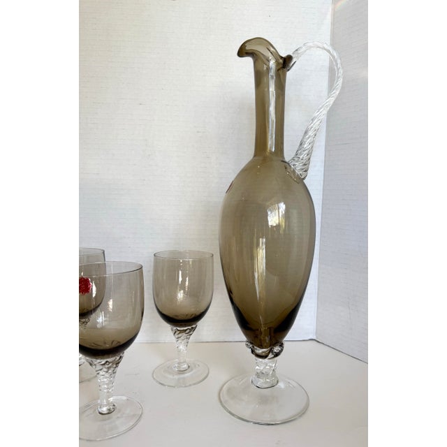 Mid-Century Italian Smoky Gray Glass Decanter & Wine Glasses, Set of 6 For Sale - Image 11 of 12
