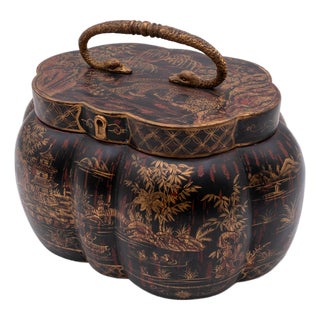 Chinoiserie Lacquered Gilt Paint Tea Caddy Lidded Box For Sale