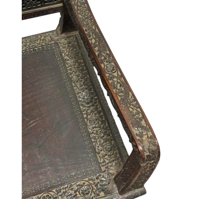 Brown Antique Moorish Carved Folding Throne Chair With Textile Panel | Anglo-Indian Ottoman Revival For Sale - Image 8 of 8