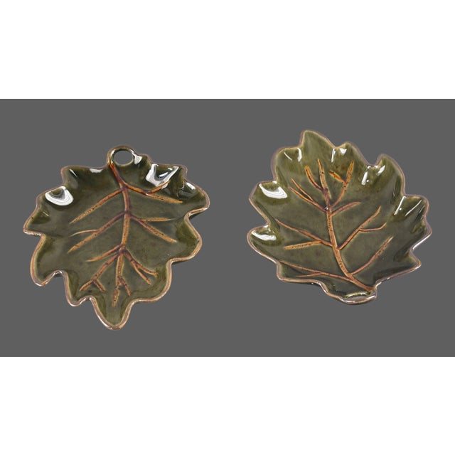 Late 20th Century Serving Dishes Glazed Ceramic Olive Green Leaf Shaped - Pair For Sale - Image 6 of 6