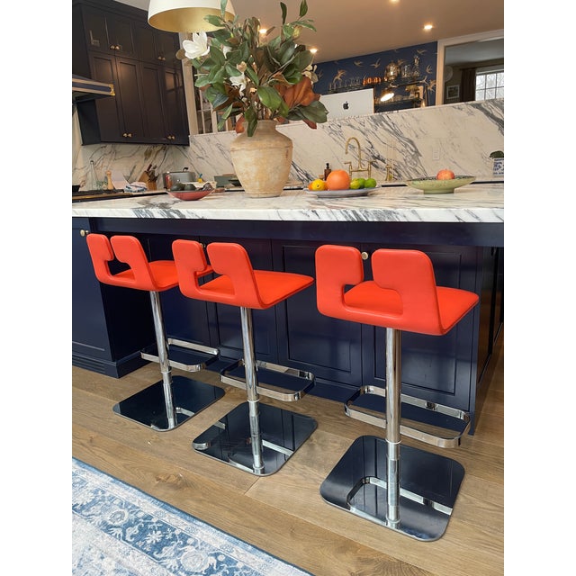 Contemporary Genuine Poltrona Frau Alo Leather Bar Stool, Counter Height, Orange Leather, Contemporary For Sale - Image 3 of 8