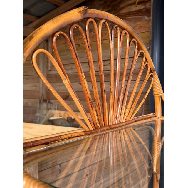 Vintage Boho Coastal Rattan Étagère With Fan Top and Glass Shelves For Sale In Naples, FL - Image 6 of 12