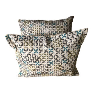 Mughal Blue Mahalaxmi Fabric Pillows by Seemakirch Bolsters- a Pair For Sale