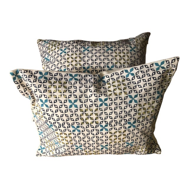 Mughal Blue Mahalaxmi Fabric Pillows by Seemakirch Bolsters- a Pair For Sale