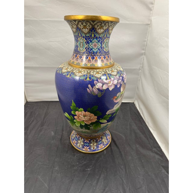 Large 20" Chinese Cloisonne Enamel Vase Cobalt Blue Birds Cherry Blossom Vintage For Sale - Image 9 of 12