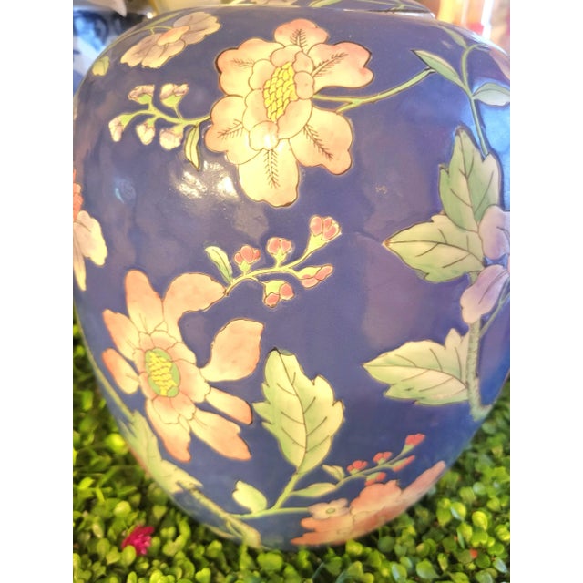 Japanese Vintage Large Ceramic Chinoiserie Blue Pink Green Floral Ginger Jar Room Decor For Sale - Image 3 of 7