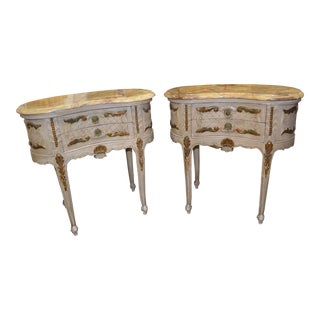 1940s French Provincial Curved Wooden Nightstands with Marble Tops & 2 Drawers Cream & Gold - a Pair For Sale