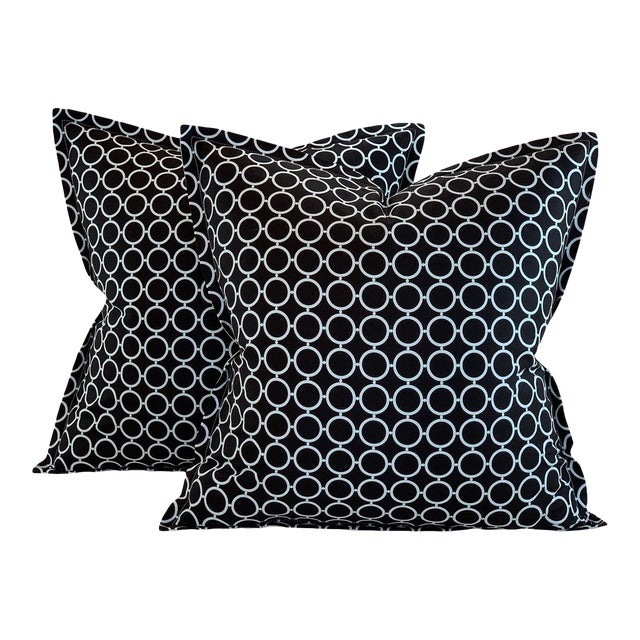 Designer Vicki Payne Free Spirit Aqua & Black Circle Geometric Rings Pillow Covers- 21" Pair For Sale