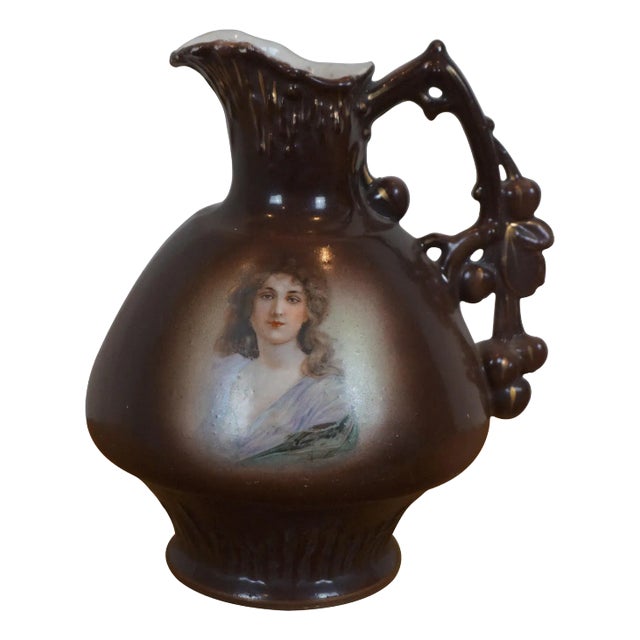 Antique Austria Art Nouveau Woman Porcelain Hand Painted Portrait Pitcher Jug For Sale