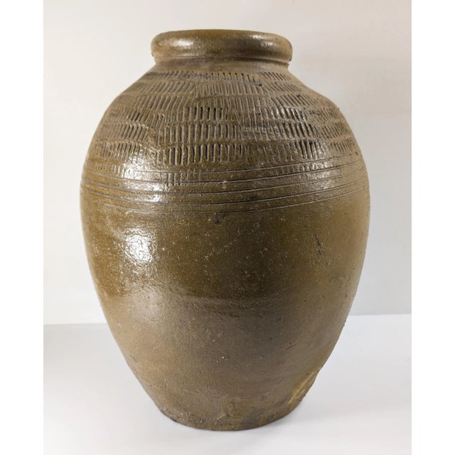 French Early 20th Century South East Asian or Chinese Olive Green Glazed Martaban Jar For Sale - Image 3 of 13