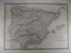 Mid 19th Century Ancient Map Showing Spain and Portugals Royal Realms Original 1838 First Edition of Pierre M. Lapie Map
