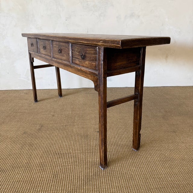 Vintage Reclaimed Elm Wood 4 Drawer Console C. 1920 For Sale - Image 4 of 12