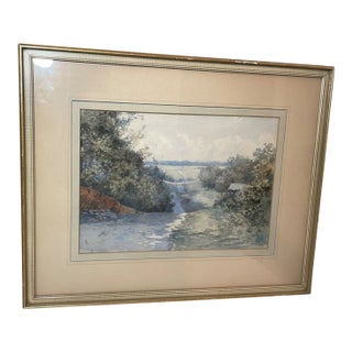 Antique Original Landscape Farm Trail Realism Watercolor Painting Country Art Nl For Sale
