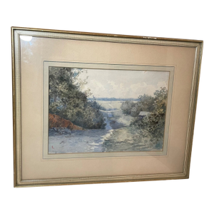 Antique Original Landscape Farm Trail Realism Watercolor Painting Country Art Nl