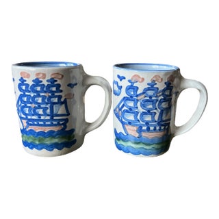 Vintage Mary Alice Hadley “Low Tide” Hand-Painted Folk Art Stoneware Mugs - a Pair For Sale