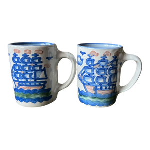 Vintage Mary Alice Hadley “Low Tide” Hand-Painted Folk Art Stoneware Mugs - a Pair