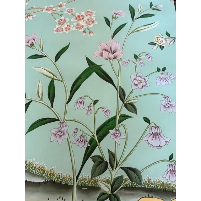 Chinoiserie Hand-Painted Wallpaper Mural, Mint Green Oriental Garden Bird & Floral, 4 Panels For Sale - Image 4 of 5