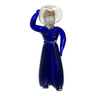 Barbini Murano Vamsa 1930s Blue Gold Flecks Woman With Sun Hat Italian Art Glass Figure Sculpture For Sale