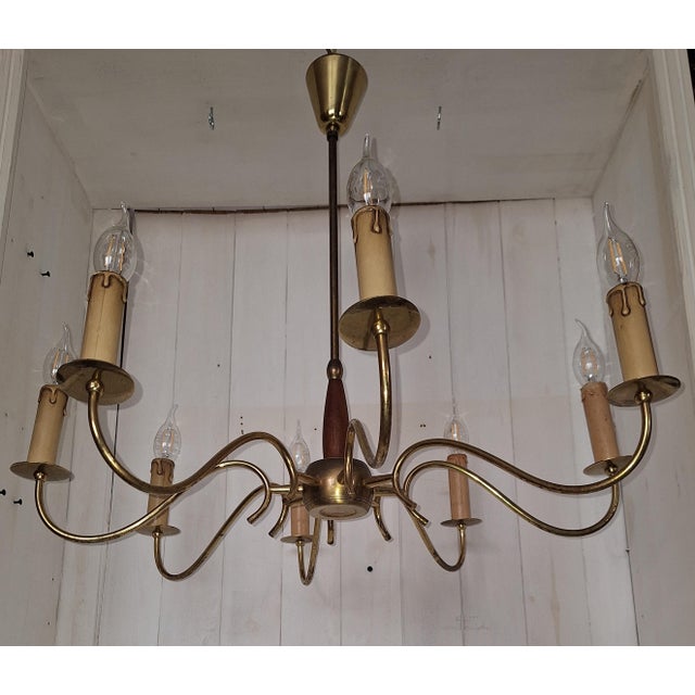 Vintage Mid-Century 8-Light Chandelier with Brass Frame and Teak Wood, 1960s For Sale - Image 6 of 8