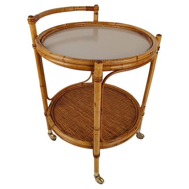 Mid-Century Round Serving Bar Cart Trolley in Bamboo & Rattan, Italy, 1960s For Sale
