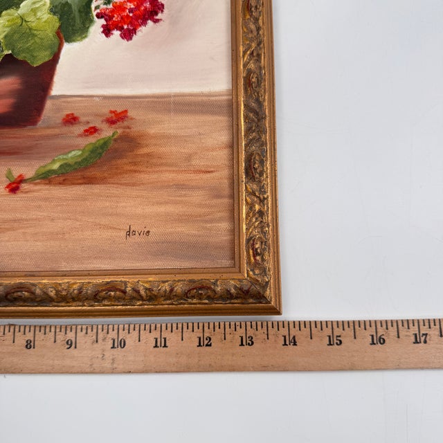 Vintage Floral Still Life Oil Painting Red Geraniums in Ornate Gilt Frame - Signed by David For Sale - Image 9 of 12