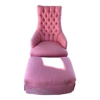 1950s Vintage Mid-Century Tufted Bright Pink Accent Chair & Ottoman For Sale