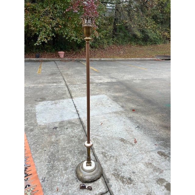 Tall Vintage MCM Floor Lamp With Marble and Brass Base For Sale - Image 4 of 4