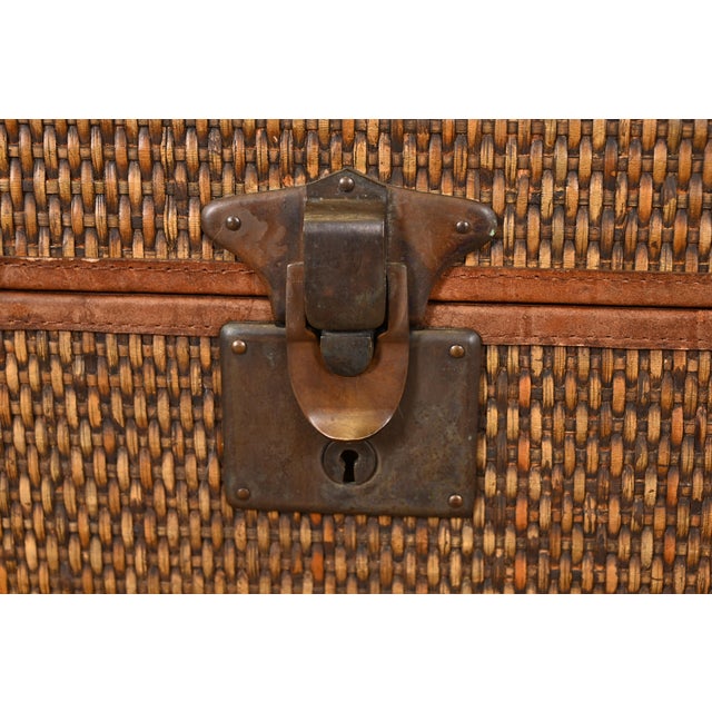 Wood Late 20th Century Baker Furniture Campaign Rattan and Leather Trunk Coffee Table For Sale - Image 7 of 12