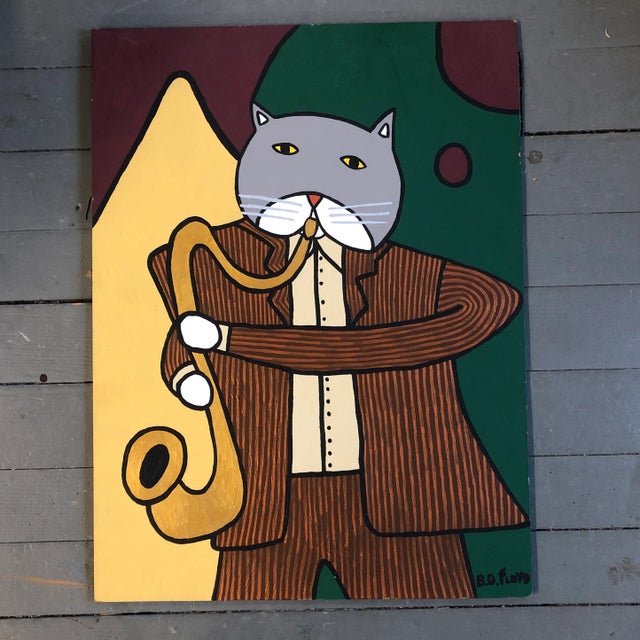 2010s Contemporary Folk Artist B.D.Floyd “Cat With Sacks “ Original Painting For Sale - Image 5 of 5