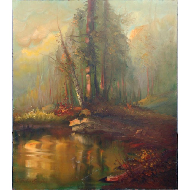 Mid 20th Century Forest and Pond at Sunset Landscape Painting by Charles Grove For Sale In Monterey, CA - Image 6 of 6