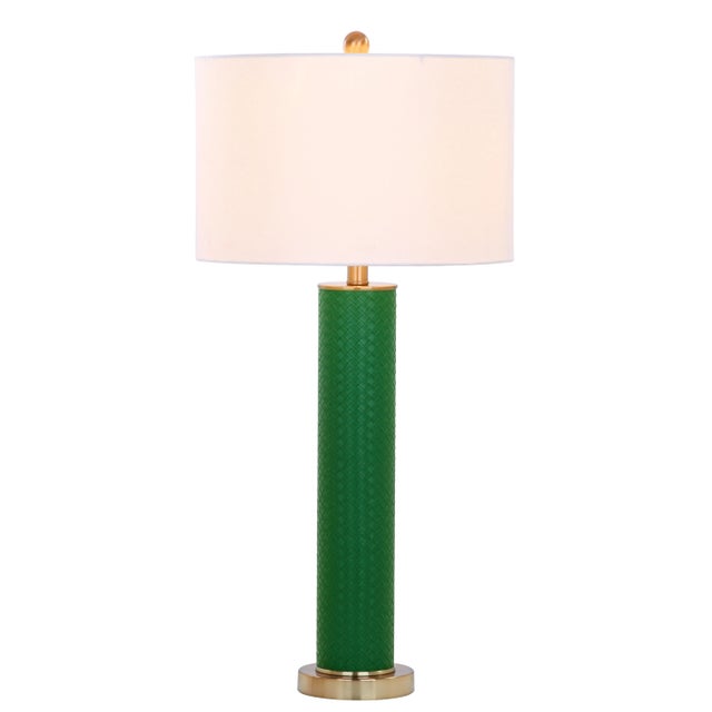 Modern 31.5 Inch H Faux Woven Leather Table Lamp in Dark Green - a Pair For Sale - Image 3 of 9