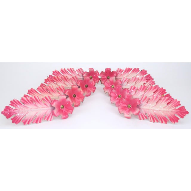 Pretty in pink! Four pairs of C.1930 tole curtain tie backs in the shape of flowers and fronds with brass tacks and built-...
