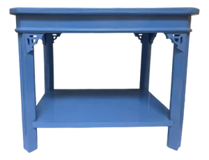 1970s Wedgewood‑Blue High‑Gloss Chippendale Table • Coastal Chinoiserie Accent