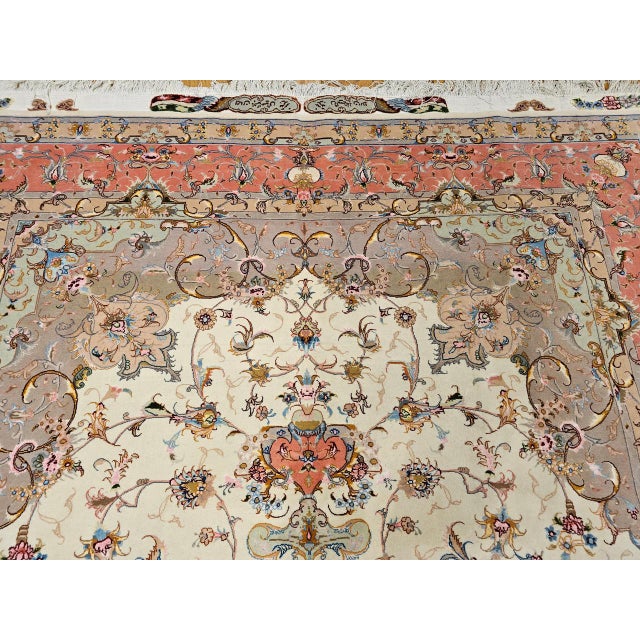 Tabriz Rug, Hand-Knotted Wool & Silk, Fine Floral Pattern, Ivory & Salmon, 7x10 For Sale - Image 15 of 17
